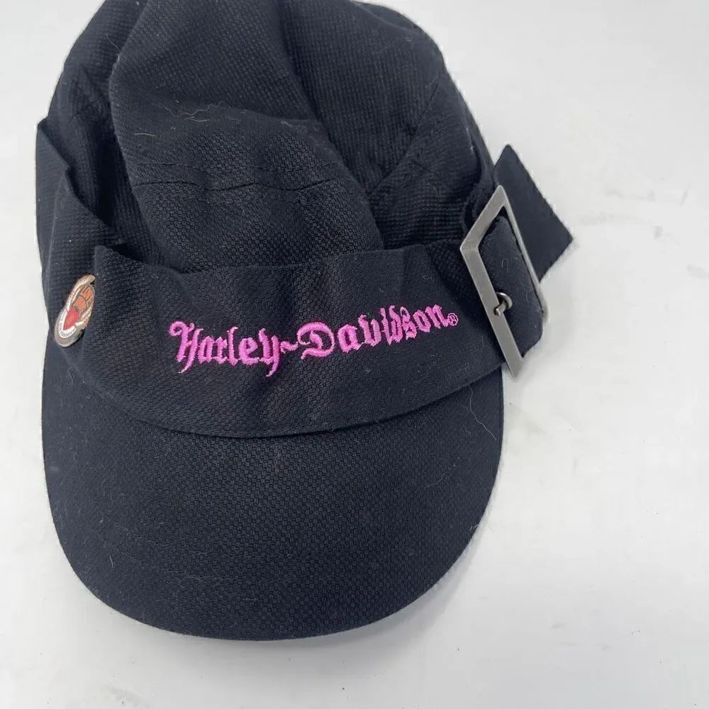 Harley Davidson Women's Hat Size S Black Flat Top Buckle Accent Pink Logo